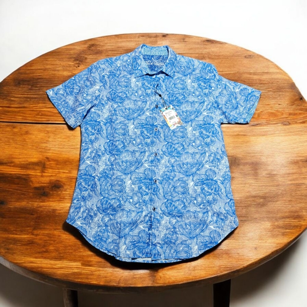 Robert Graham Kepler Shirt Men’s Small Blue Floral Linen Cotton Short Sleeve NWT